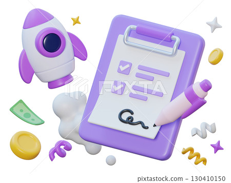 cartoon style contract document and rocket 3D graphic 130410150