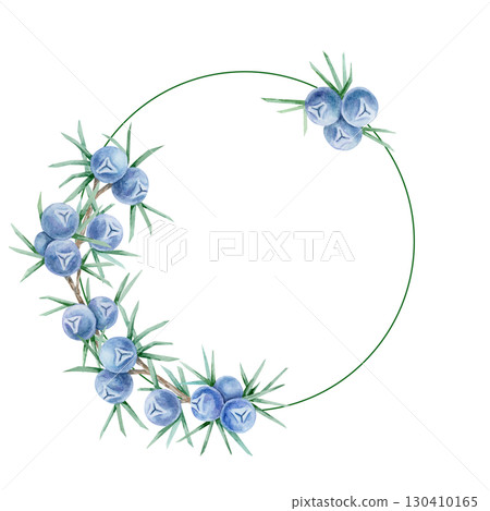 Minimal round frame with blue juniper berries and green branches in watercolor illustration, hand drawn clipart for wedding stationery, labels, recipe cards, branding, wrapping paper and digital art. Minimal round frame with blue juniper berries and green branches in watercolor illustration, hand drawn clipart for wedding stationery, labels, recipe cards, branding, wrapping paper and digital art. 130410165