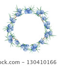 Round wreath frame made of blue juniper berries and green leaves in watercolor illustration, hand drawn botanical clipart perfect for invitations, holiday cards, packaging, scrapbooking and decor. 130410166