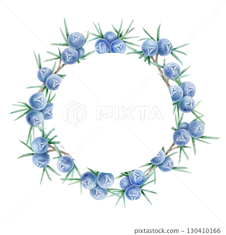 Round wreath frame made of blue juniper berries and green leaves in watercolor illustration, hand drawn botanical clipart perfect for invitations, holiday cards, packaging, scrapbooking and decor. 130410166