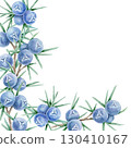 Clustered blue juniper berries and green foliage forming a rectangular watercolor illustration, hand drawn frame suitable for wedding invitations, labels, recipe cards, packaging and digital papers. 130410167
