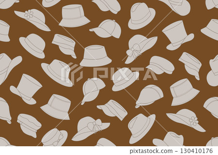Seamless pattern of brown outlines of different types of hats such as bucket hats, baseball caps, sun hats with bows and flowers, fedoras, wide-brimmed sun hats, and visors, on dark brown background. Seamless pattern of brown outlines of different types of hats such as bucket hats, baseball caps, sun hats with bows and flowers, fedoras, wide-brimmed sun hats, and visors, on dark brown background. 130410176