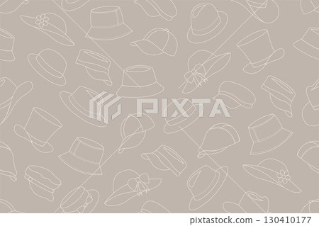 Seamless pattern of beige outlines of different types of hats such as bucket hats, baseball caps, sun hats with bows and flowers, fedoras, wide-brimmed sun hats, and visors, on brown background. 130410177