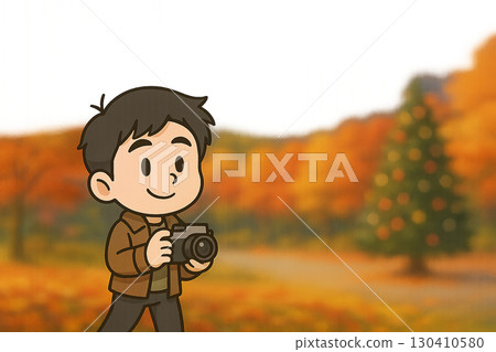 秋季插圖:一位男性微型人物用相機拍攝秋葉 秋季插圖:一位男性微型人物用相機拍攝秋葉 130410580