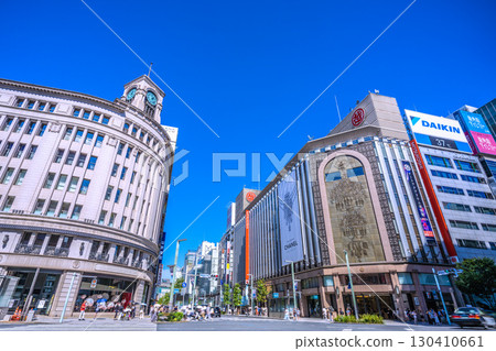 Tokyo cityscape, Japan. Ginza, Tokyo. View of Seiko House Ginza and other buildings. September 2nd. 130410661