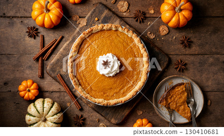 Pumpkin pie on a wooden table, cinnamon sticks and small decorative pumpkins placed around 130410681