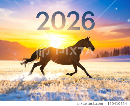 2026年朝陽下,一匹駿馬在草原上奔騰的新年卡片材料 2026年朝陽下,一匹駿馬在草原上奔騰的新年卡片材料 130410834
