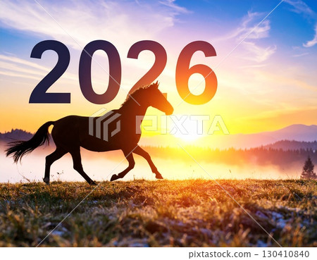 New Year's card material of a horse galloping on a grassland in the morning sun of 2026 New Year's card material of a horse galloping on a grassland in the morning sun of 2026 130410840