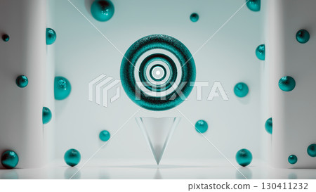 In a pristine white room, a miniature Dyson toroidal sphere floats mid-air, glowing from within with the radiant light of a white orb. A futuristic vision of harmony and energy. 130411232