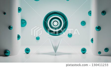 In a pristine white room, a miniature Dyson toroidal sphere floats mid-air, glowing from within with the radiant light of a white orb. A futuristic vision of harmony and energy. 130411233