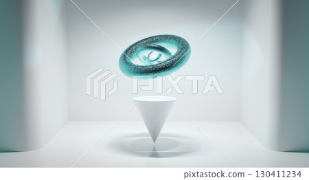 In a pristine white room, a miniature Dyson toroidal sphere floats mid-air, glowing from within with the radiant light of a white orb. A futuristic vision of harmony and energy. 130411234