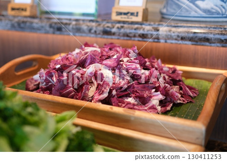 Chopped red cabbage, close-up. From above, overhead. 130411253