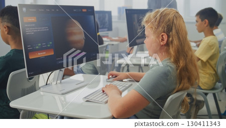 Group of Diverse Kids Working on Computers, Creating Pictures in AI Image Generator 130411343