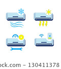 Air Conditioner Icon Set Showing Cooling, Heating, Wind, and Strong Flow in Blue on White Background. 130411378