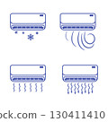 Air Conditioner Icon Set Showing Cooling, Heating, Wind, and Strong Flow in Blue on White Background. 130411410
