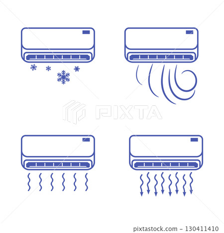 Air Conditioner Icon Set Showing Cooling, Heating, Wind, and Strong Flow in Blue on White Background. 130411410