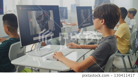 Elementary School Children Using Computer, Creating Digital Illustrations in AI Image Generator Elementary School Children Using Computer, Creating Digital Illustrations in AI Image Generator 130411417