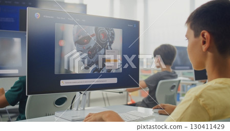 Primary School Boy Working on Computer, Creating Sci-Fi Picture in AI Image Generator 130411429