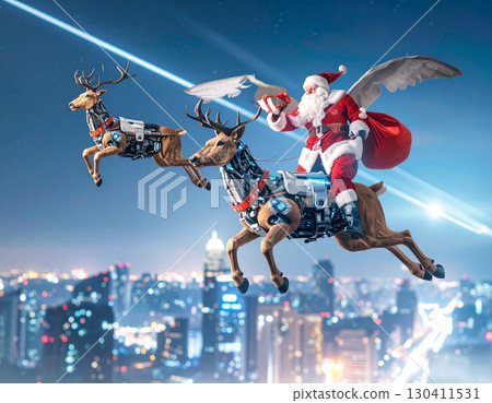 Image of a cyber Santa and his reindeer running through a futuristic city Image of a cyber Santa and his reindeer running through a futuristic city 130411531