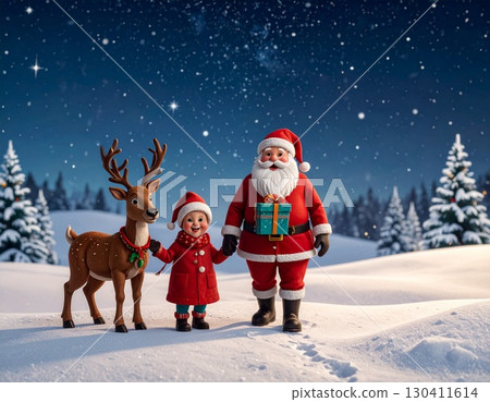 聖誕老人和馴鹿在雪地裡搬運禮物的聖誕卡材料 聖誕老人和馴鹿在雪地裡搬運禮物的聖誕卡材料 130411614