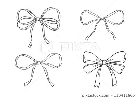Coquette bow outline drawings set, vector sketchy illustration isolated on white, cute icon 130411660