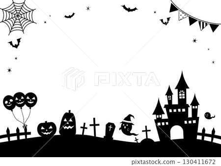 Halloween pumpkin, ghost, castle and bat background frame illustration 130411672