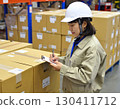 A working Japanese woman checking packaging and inventory at a factory 130411712