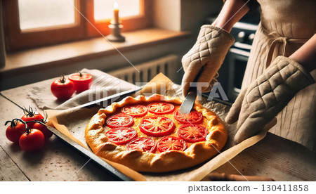A wide-angle view of a dining table set with a tomato galette as the centerpiece. The scene, bathed in warm natural light, showcases a rustic table with plates, forks, fresh basil, and heirloom A wide-angle view of a dining table set with a tomato galette as the centerpiece. The scene, bathed in warm natural light, showcases a rustic table with plates, forks, fresh basil, and heirloom 130411858