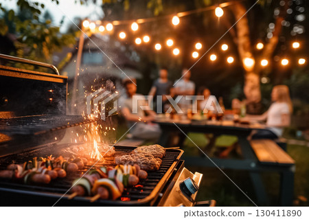 Backyard Barbecue Scene, family enjoying 4th of July backyard barbecue, grill smoking with burgers and hot dogs, casual summer patio setup, lively and warm, trees and string lights background, candid 130411890