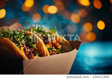 Steaming chicken tacos filled with vegetables and herbs, topped with sesame seeds and served in a paper tray. Captured against a glowing festive background, great for hot food marketing and to-go taco 130411895