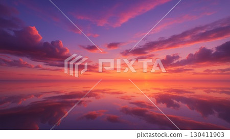 A fantastic sunset scene with sunset clouds reflected on the water surface 130411903