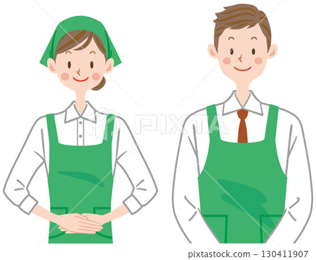 Supermarket clerk, part-time employee, men and women in aprons, greeting 130411907