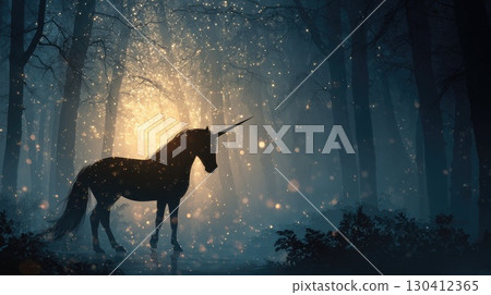 beautiful unicorn in magical forest illustration 130412365