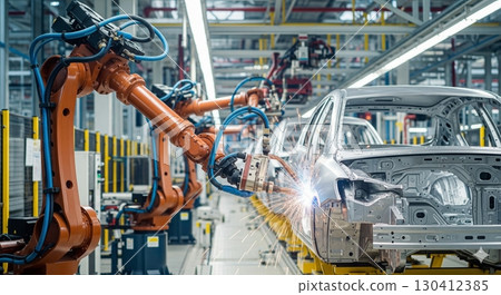 Welding robot spotting a car in the factory Welding robot spotting a car in the factory 130412385