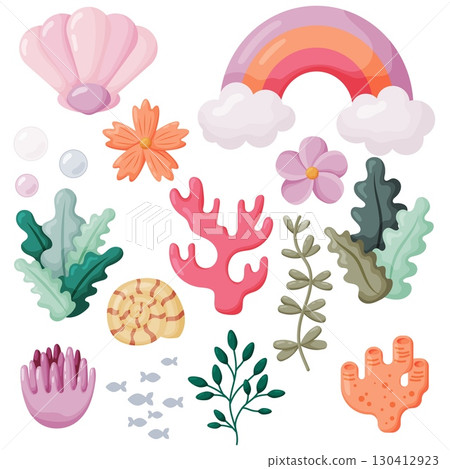 Cute Underwater and Nature Elements Vector Set 130412923