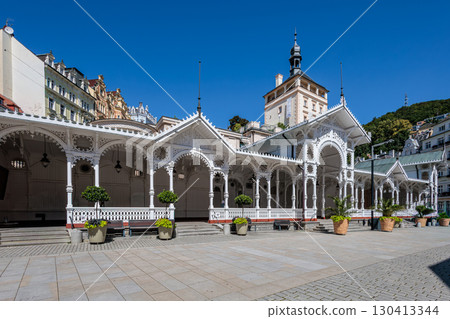 Summer walk through the spa center of the famous Karlovy Vary (Carlsbad) in the Czech Republic Summer walk through the spa center of the famous Karlovy Vary (Carlsbad) in the Czech Republic 130413344
