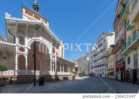 Summer walk through the spa center of the famous Karlovy Vary (Carlsbad) in the Czech Republic 130413347