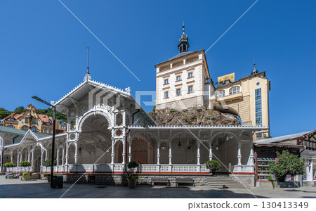 Summer walk through the spa center of the famous Karlovy Vary (Carlsbad) in the Czech Republic Summer walk through the spa center of the famous Karlovy Vary (Carlsbad) in the Czech Republic 130413349
