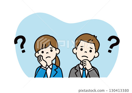 Vector illustration of a young man and woman looking for a job, with a confused and troubled expression, color Vector illustration of a young man and woman looking for a job, with a confused and troubled expression, color 130413380