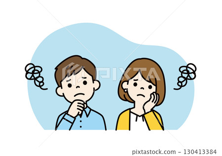 Vector illustration of a young couple tilting their heads anxiously with a troubled look on their faces_Color 130413384