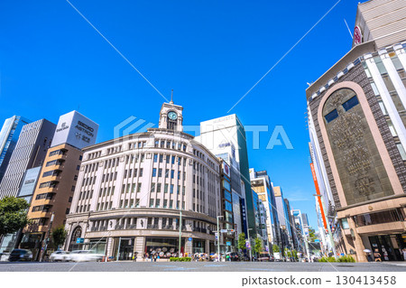 Tokyo cityscape, Japan. Ginza, Tokyo. View of Seiko House Ginza and other buildings. September 2nd. 130413458