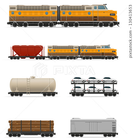 locomotive passenger and freight cars for transportation by rail cartoon stock vector illustration 130413653