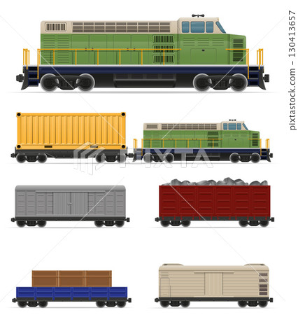 locomotive passenger and freight cars for transportation by rail cartoon stock vector illustration 130413657