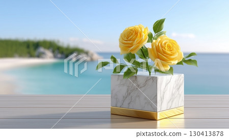 Elegant Yellow Roses in Marble Planter on Wooden Table, Serene Beach View 130413878