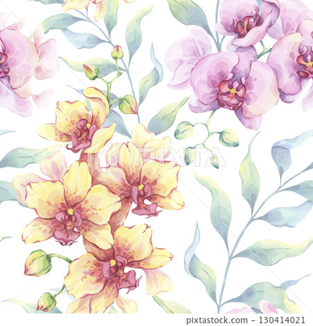 Watercolor orchid seamless pattern with pink and yellow flowers, and lush green branches. Hand-drawn illustration. Ideal for fabric, wallpaper, tablecloths, gift wrapping 130414021