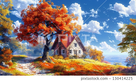 Vibrant autumn forest showcasing fallen leaves and a rustic cabin nestled amongst the colorful foliage Vibrant autumn forest showcasing fallen leaves and a rustic cabin nestled amongst the colorful foliage 130414225