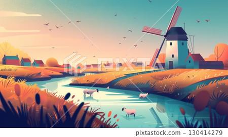 A serene countryside scene with a windmill, houses, a stream, and sheep grazing in a golden field under a pastel sky. A serene countryside scene with a windmill, houses, a stream, and sheep grazing in a golden field under a pastel sky. 130414279