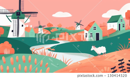 A serene countryside scene with a windmill, houses, a stream, and sheep grazing in a golden field under a pastel sky. 130414320