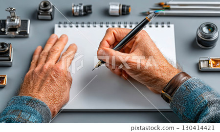 The man's hand holds a ballpoint pen over a white notebook 130414421