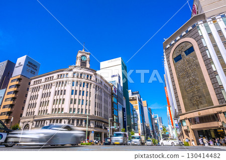 Tokyo cityscape, Japan, September 2nd. Ginza, Tokyo. View of Seiko House Ginza and other buildings. 130414482
